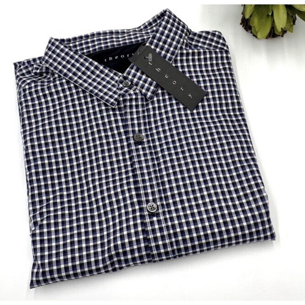 Theory Zach PS Delridge Button Cotton Shirt XL Long Sleeve Blue Black Plaid New
